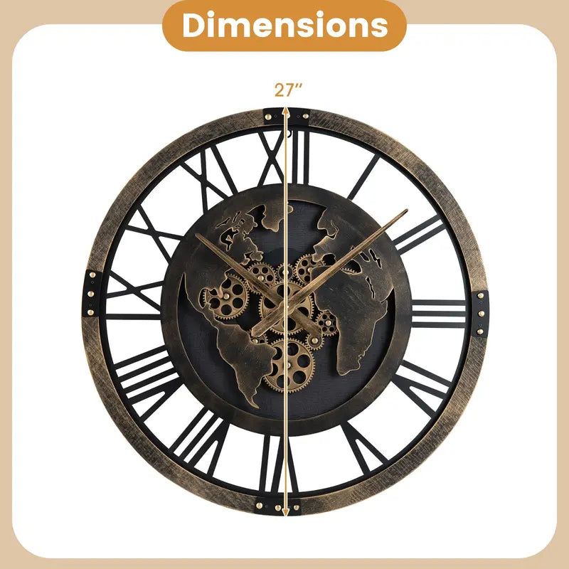 27-Inch Gear-Driven World Map Wall Clock – Silent, Decorative Metal Design with Rotating Gears