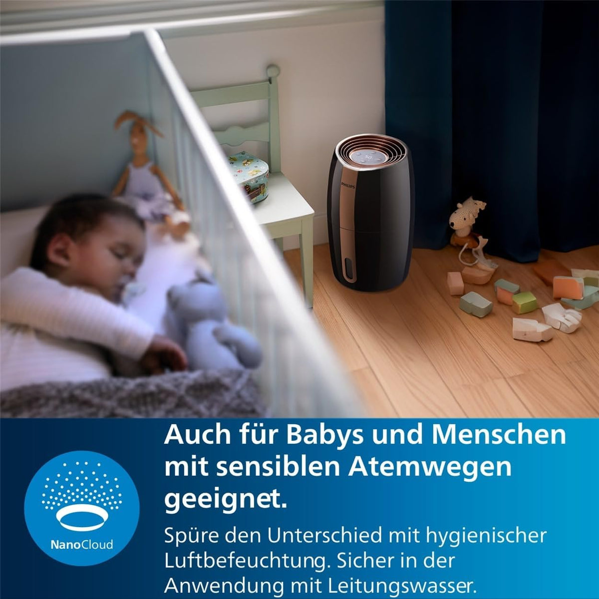Philips HU2718/10 2000 Series Luftbefeuchter 2L – NanoCloud, 200ml/h, 32m², 3 Stufen, 15h, Schwarz/Kupfer