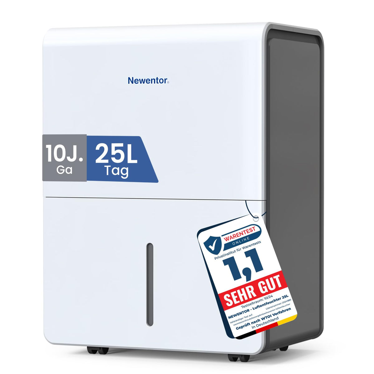 Newentor DEA-25L Luftentfeuchter 25L/Tag – 80m², 3,5L Tank, Vollkupfer, 39dB, 330W, 10 Jahre Garantie, Weiß