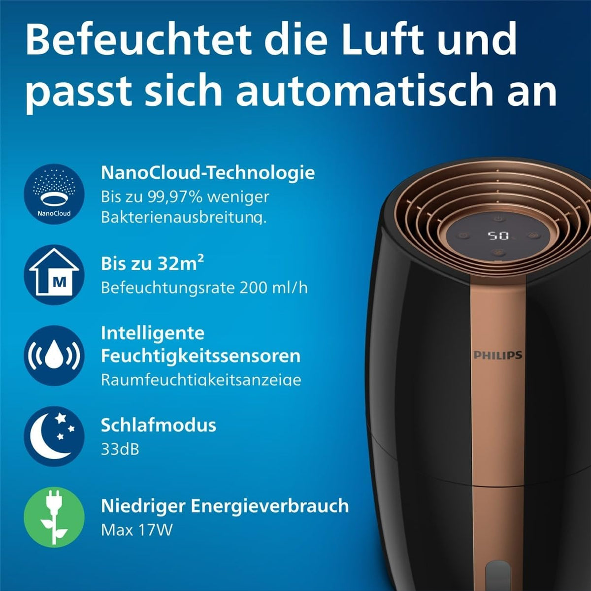 Philips HU2718/10 2000 Series Luftbefeuchter 2L – NanoCloud, 200ml/h, 32m², 3 Stufen, 15h, Schwarz/Kupfer