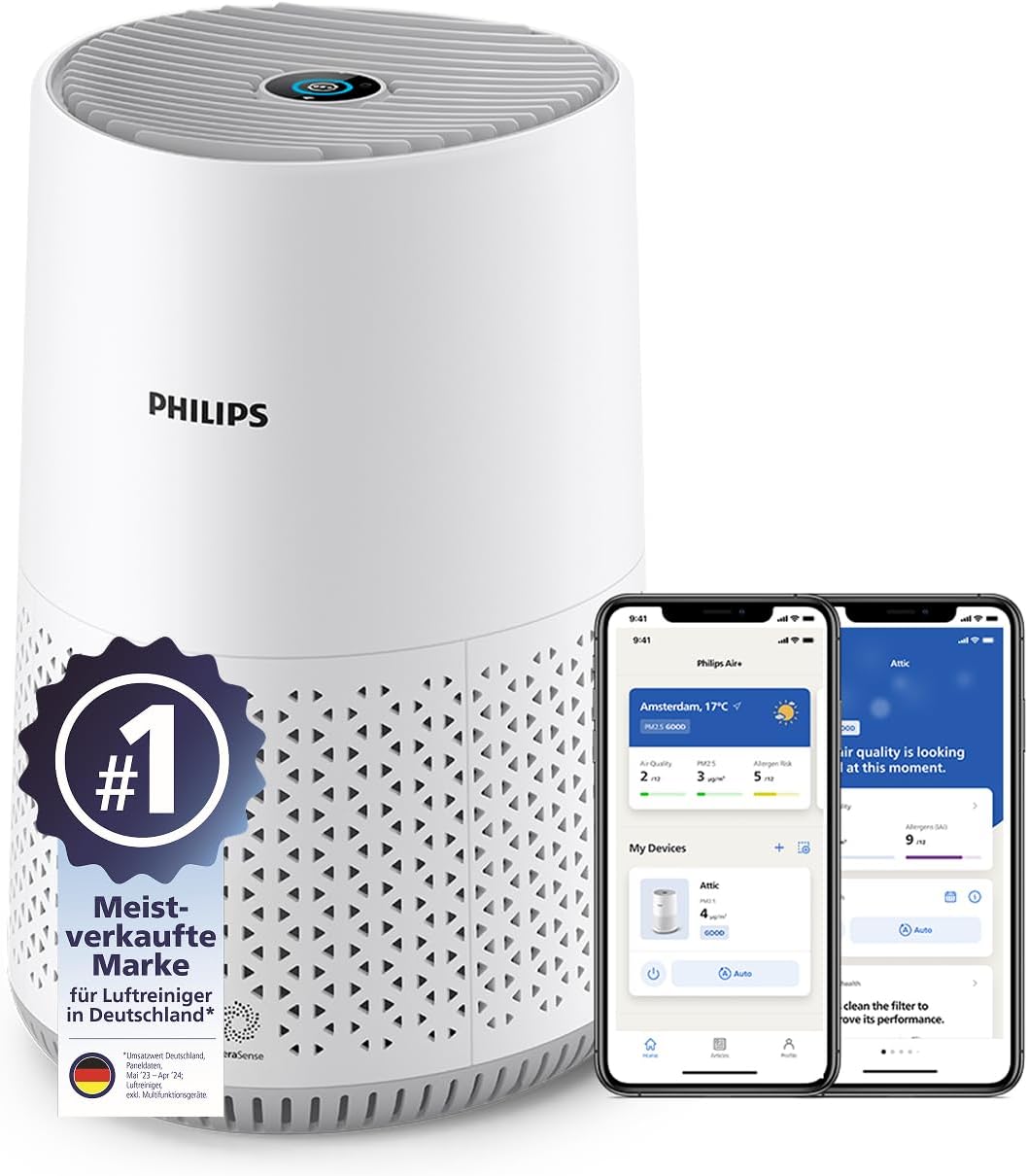Philips AC0651/10 Luftreiniger 44m² – NanoProtect HEPA, AeraSense, 19dB, 12W, CADR 170m³/h, Air+ App, Weiß