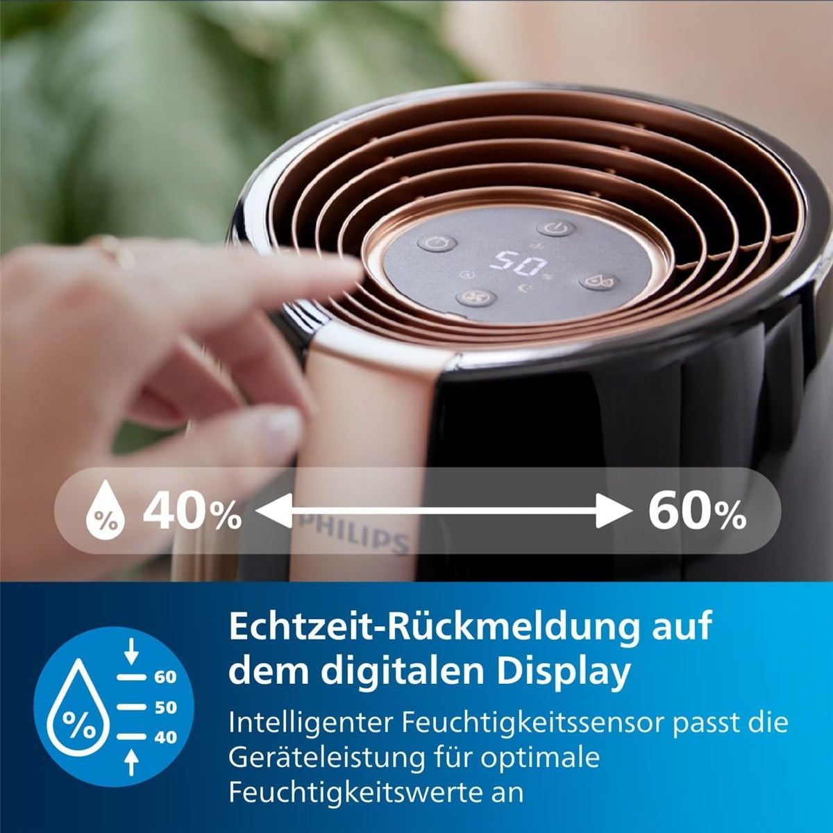 Philips HU2718/10 2000 Series Luftbefeuchter 2L – NanoCloud, 200ml/h, 32m², 3 Stufen, 15h, Schwarz/Kupfer