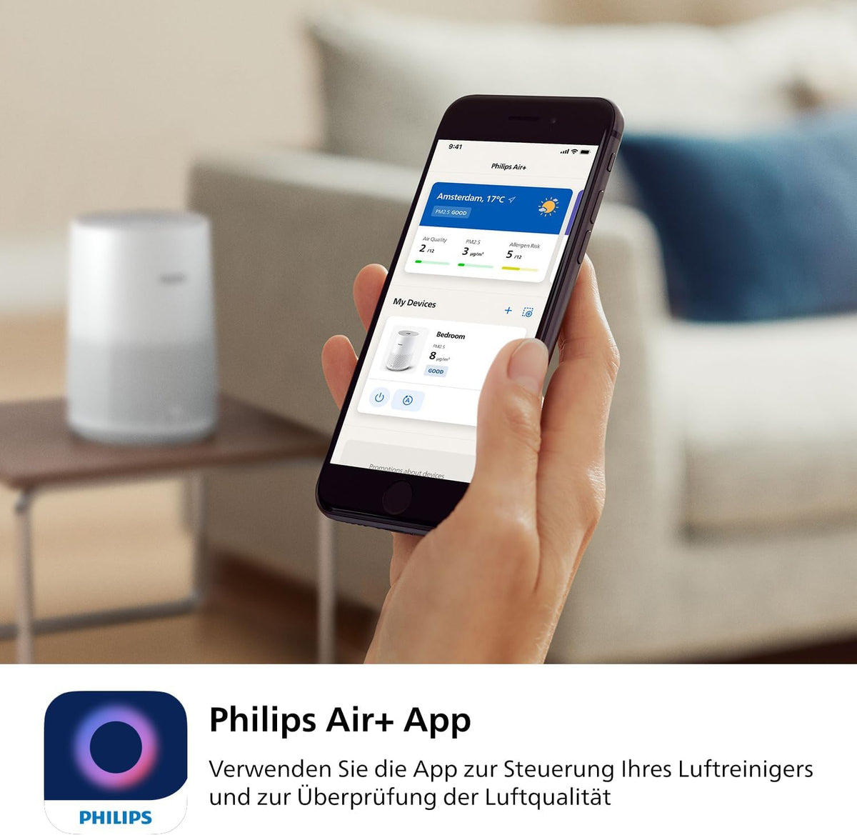 Philips AC0651/10 Luftreiniger 44m² – NanoProtect HEPA, AeraSense, 19dB, 12W, CADR 170m³/h, Air+ App, Weiß