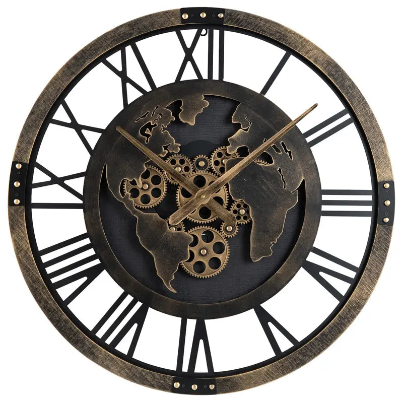 27-Inch Gear-Driven World Map Wall Clock – Silent, Decorative Metal Design with Rotating Gears