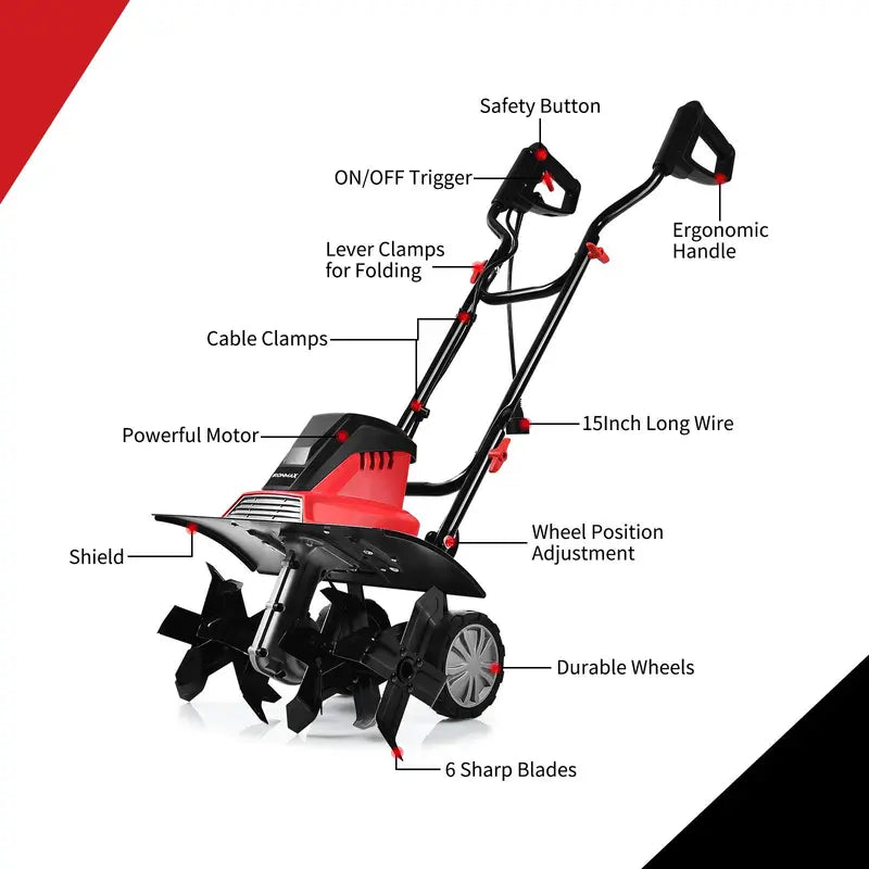 17-Inch Corded Electric Tiller & Cultivator – 13.5 Amp Motor with 9-Inch Tilling Depth