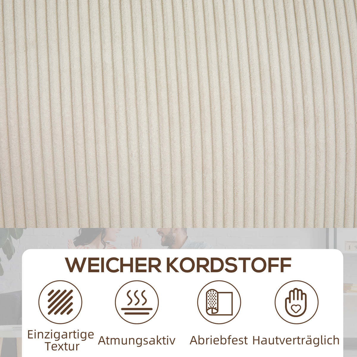 HOMCOM 3-Sitzer Sofa mit Cordbezug, Wohnzimmersofa mit Federkern, bis 400 kg, 227 x 84 x 87 cm, Cremeweiß