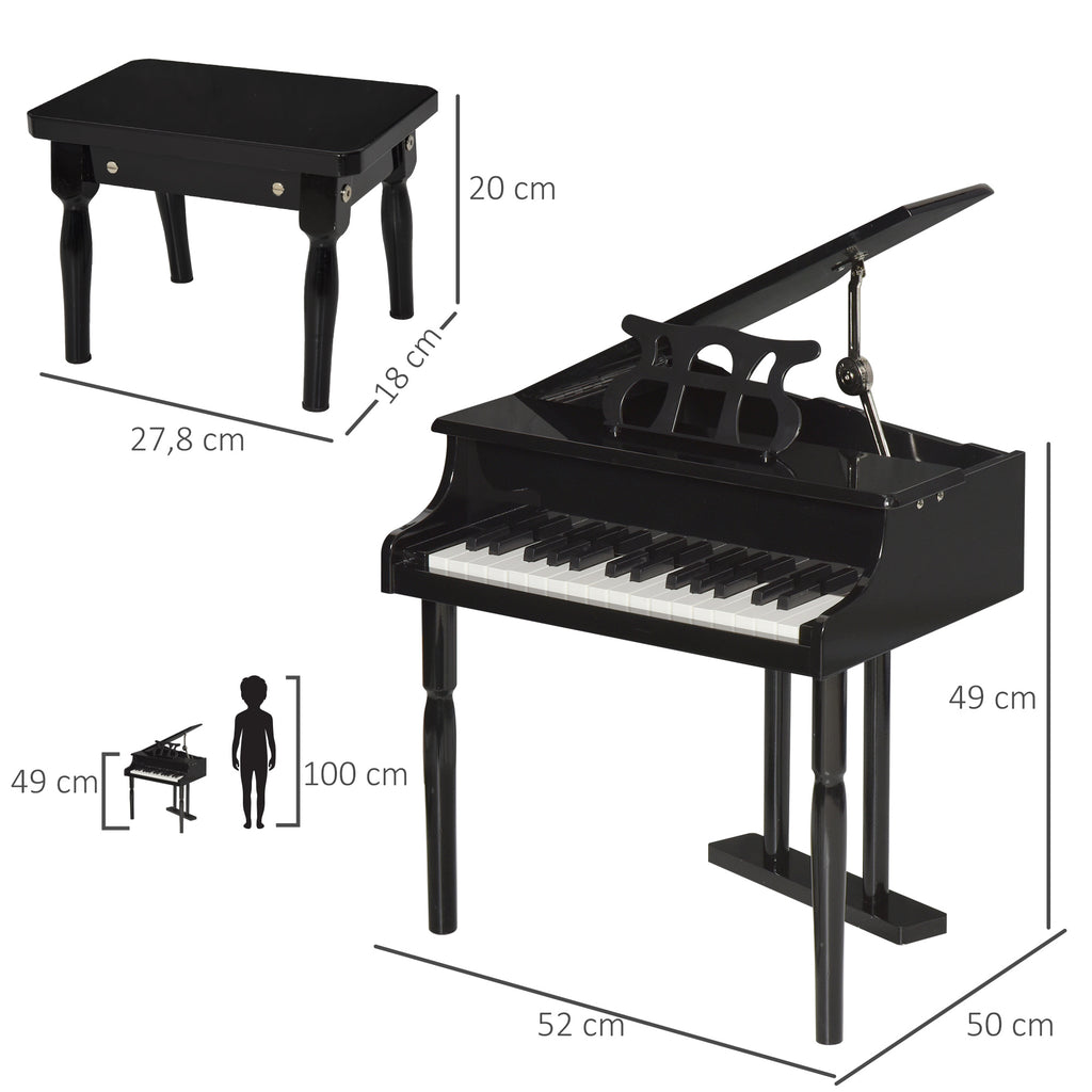 HOMCOM Miniatur-Flügelpiano aus Holz für Kinder mit 30 Tasten - inkl. Hocker und Notenpult - MDF Schwarz
