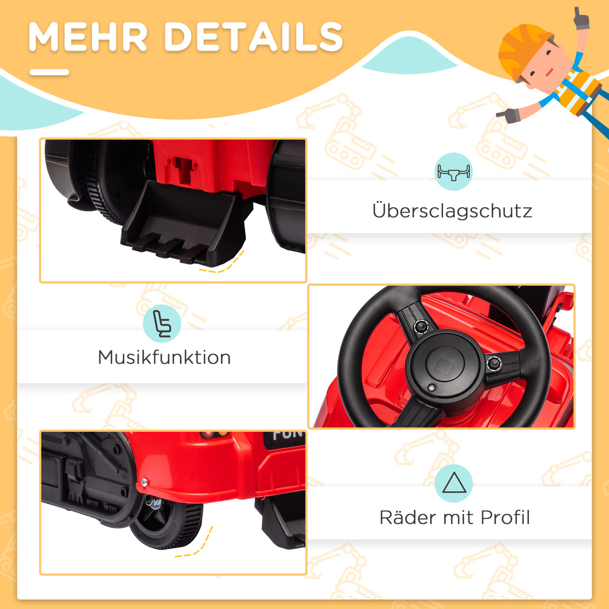HOMCOM 3-in-1 Aufsitzbagger für Kinder 1,5 bis 4 Jahre, Musikfunktion, Schwarz/Rot