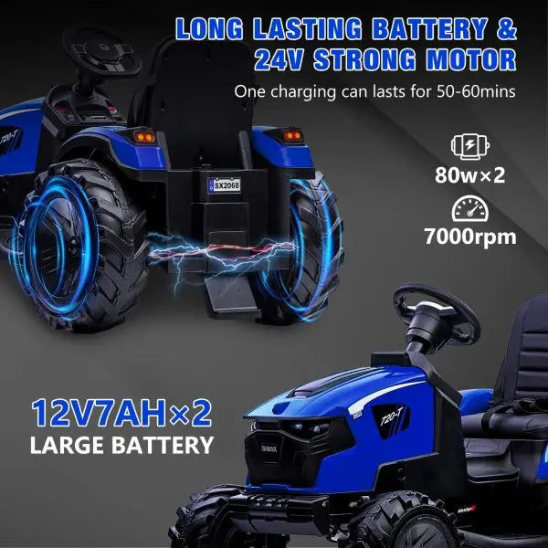 24V 3-in-1 Ride-On Tractor – Excavator & Bulldozer Functions, Remote Control, LED Lights, Bluetooth Audio (Blue)