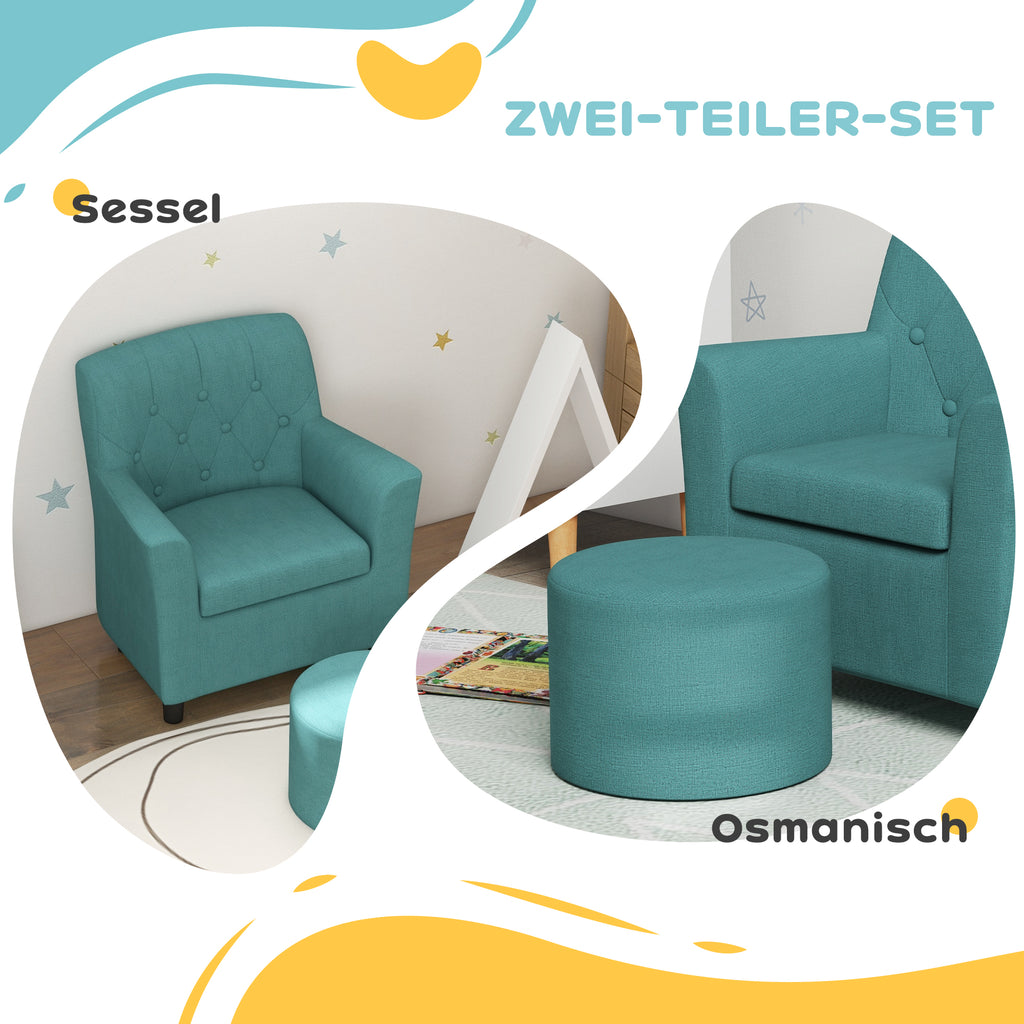 AIYAPLAY Kindersessel mit Hocker, Rückenlehne Diamantmuster, weiche Sitzfläche, Holzrahmen, Blau