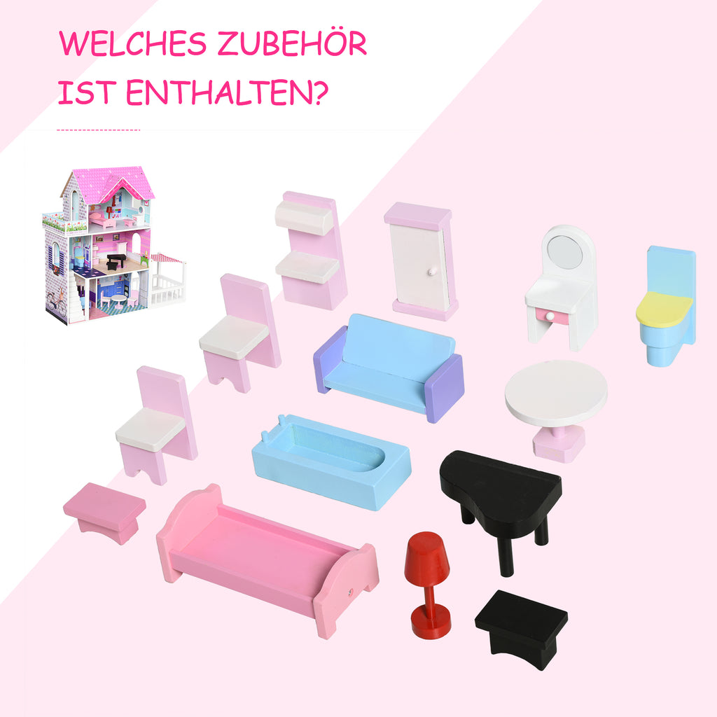HOMCOM Puppenvilla Mädchen Spielzeug Kinder Puppenhaus aus Holz Puppenstube Dollhouse 3 Etagen mit Möbel und Zubehör 86 x 30 x 87 cm