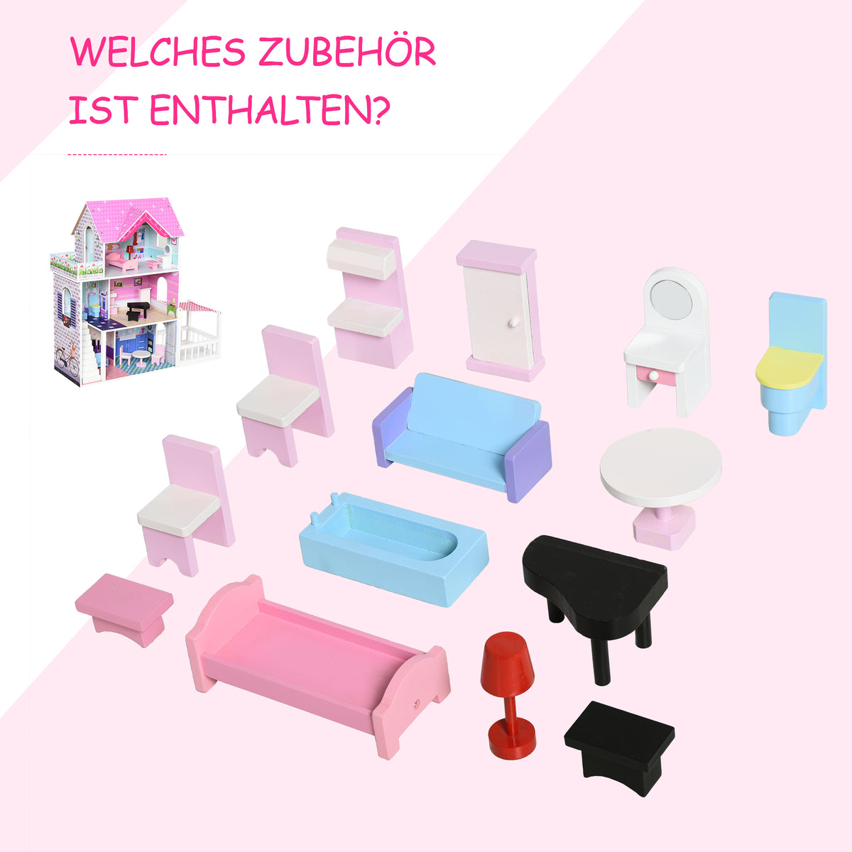 HOMCOM Puppenvilla Mädchen Spielzeug Kinder Puppenhaus aus Holz Puppenstube Dollhouse 3 Etagen mit Möbel und Zubehör 86 x 30 x 87 cm