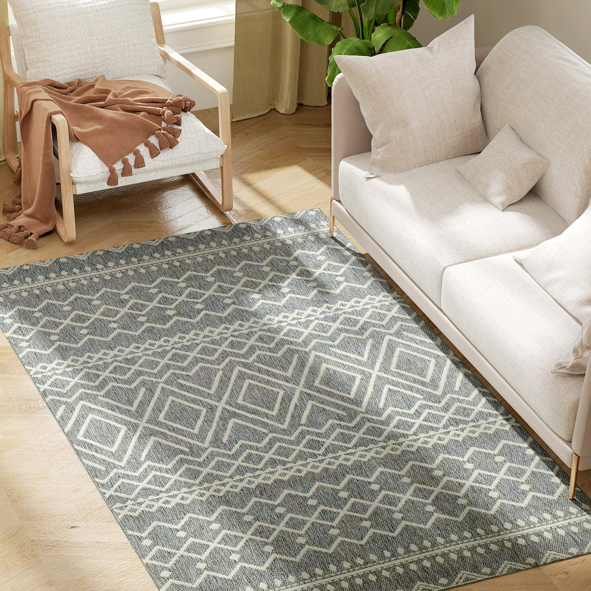 HOMCOM Teppich für drinnen und draußen, Boho-Design, leicht zu reinigen, Grau