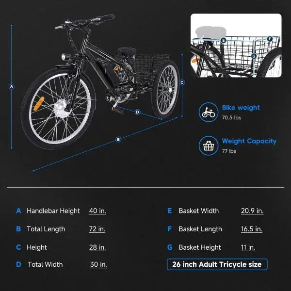 26″ Adult Electric Tricycle – 3-Wheel Fat-Tire E-Trike with 7-Speed Gearing, 350W Motor & Removable 36V 10Ah Battery (Dark Gray)