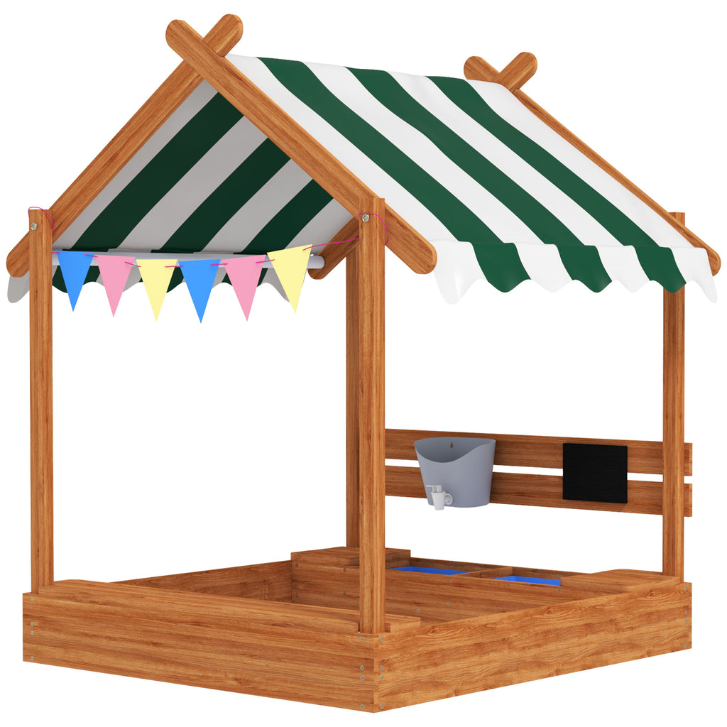 Outsunny Sandkasten mit Sonnenschutz, Spielhaus-Design, mit Spielzeug-Set, behandeltes Massivholz, 124 x 116 x 146 cm, Grün