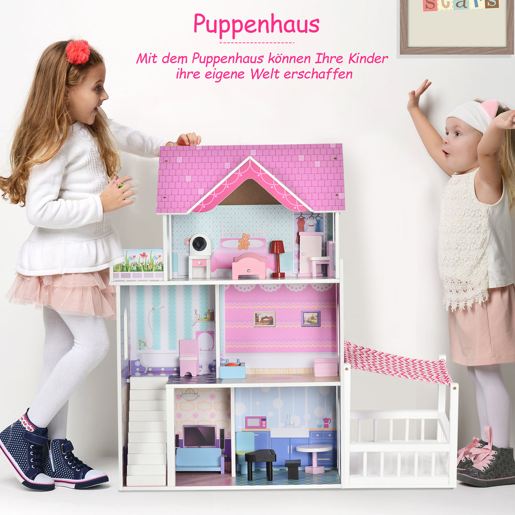 HOMCOM Puppenvilla Mädchen Spielzeug Kinder Puppenhaus aus Holz Puppenstube Dollhouse 3 Etagen mit Möbel und Zubehör 86 x 30 x 87 cm