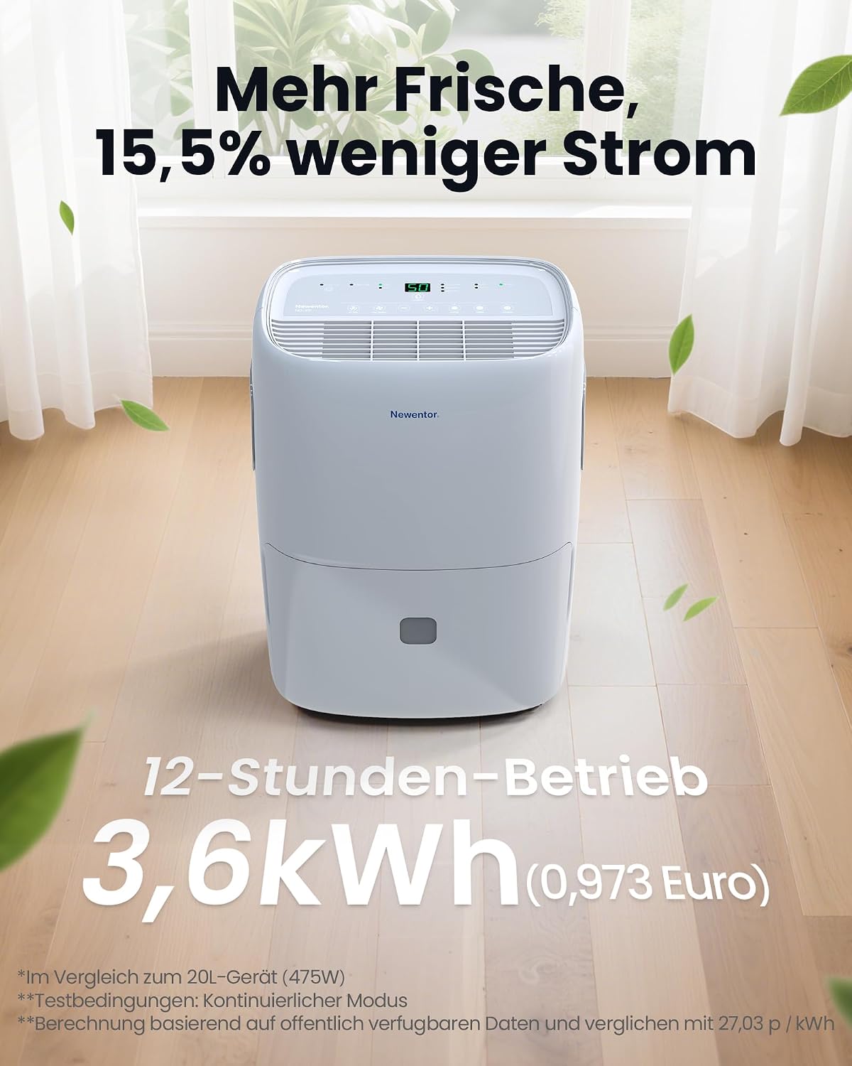 Newentor DEA-25L Luftentfeuchter 25L/Tag – 80m², 3,5L Tank, Vollkupfer, 39dB, 330W, 10 Jahre Garantie, Weiß
