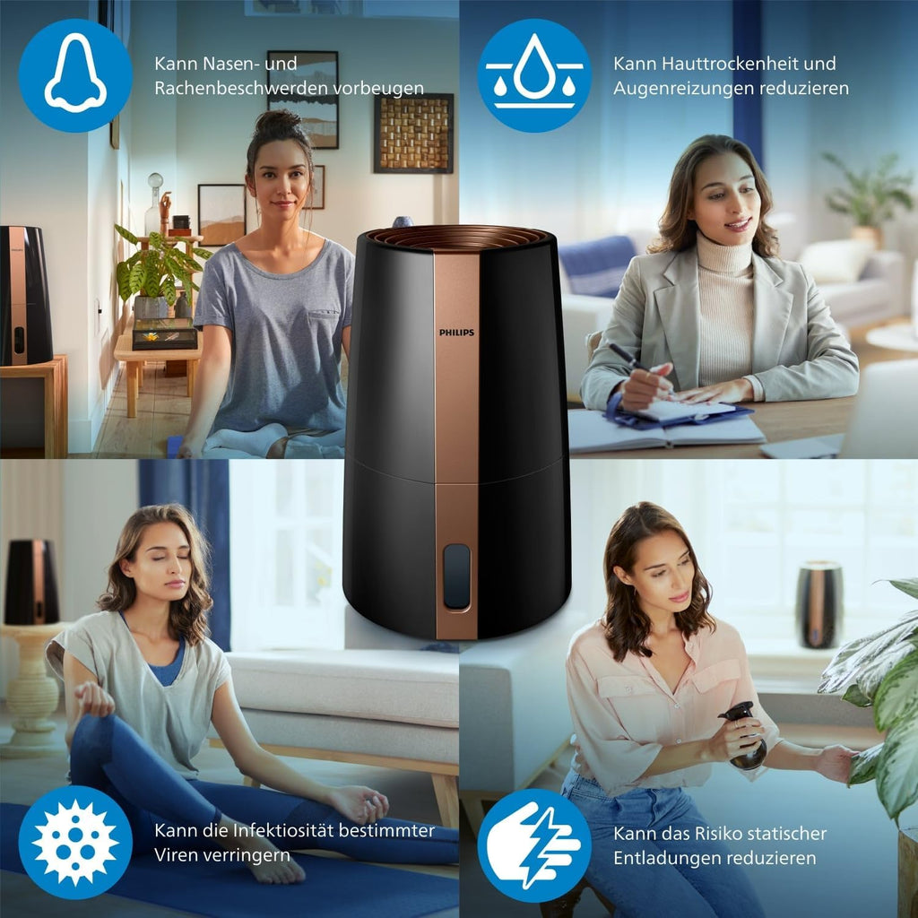 Philips HU3918/10 3000 Series Luftbefeuchter 3L – 99% bakterienreduziert, 45m², 360°, 9h Timer, Schwarz