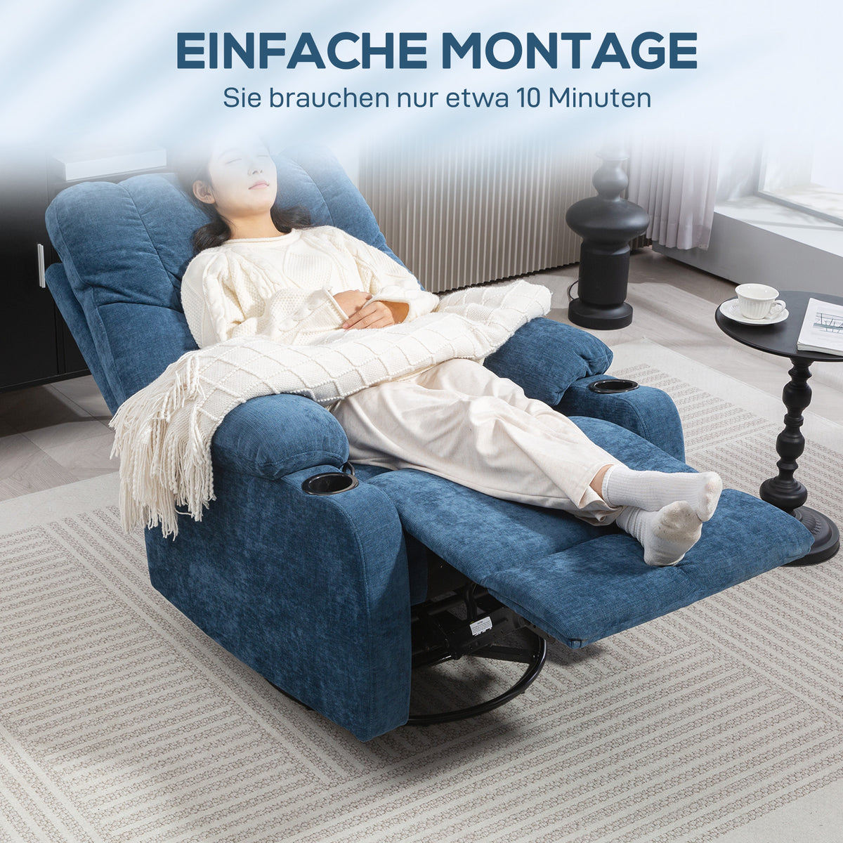 HOMCOM Relaxsessel mit Fußstütze, Liegesessel, drehbar, bis 150 kg, Stahlrahmen, 88x96x108cm, Dunkelblau