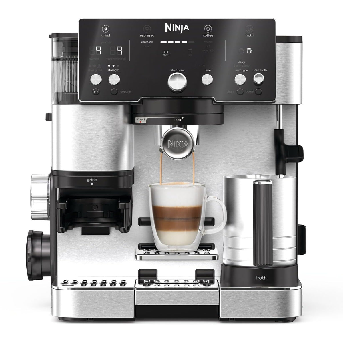 Ninja ES601EUGM Luxe Premier 3-in-1 Kaffeemaschine 2L – Barista-Assist, Mahlwerk, Mikroschaum, Grau Metall