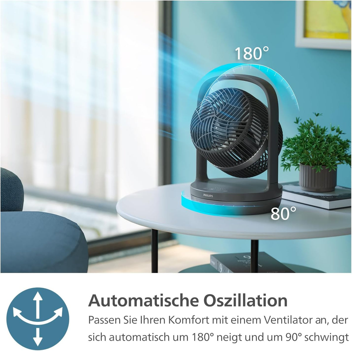 Philips CX3050/01 SilentWings Tischventilator – 23dB, 738m³/h, 90° Oszillation, 180° Neigung, 3 Stufen, Schwarz