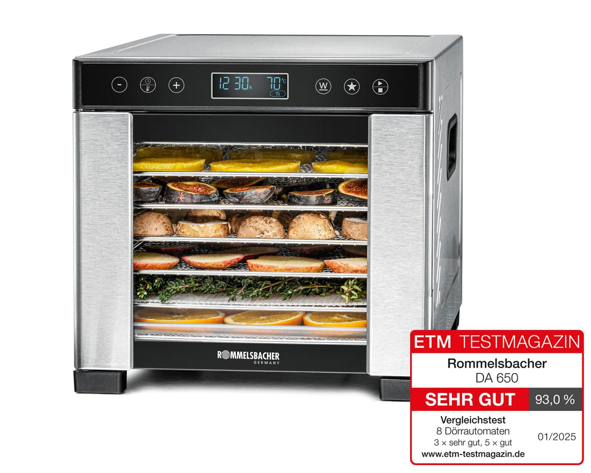 ROMMELSBACHER Dörrautomat DA 1000, XXL-Dörrfläche 1,6 m², inkl. 10 Edelstahl-Dörrtabletts, 2 Dörrgitter, 2 Dörrmatten, LED-Display, 24 Std. Zeitschaltuhr, Temperatur einstellbar (35 °C – 75 °C)o