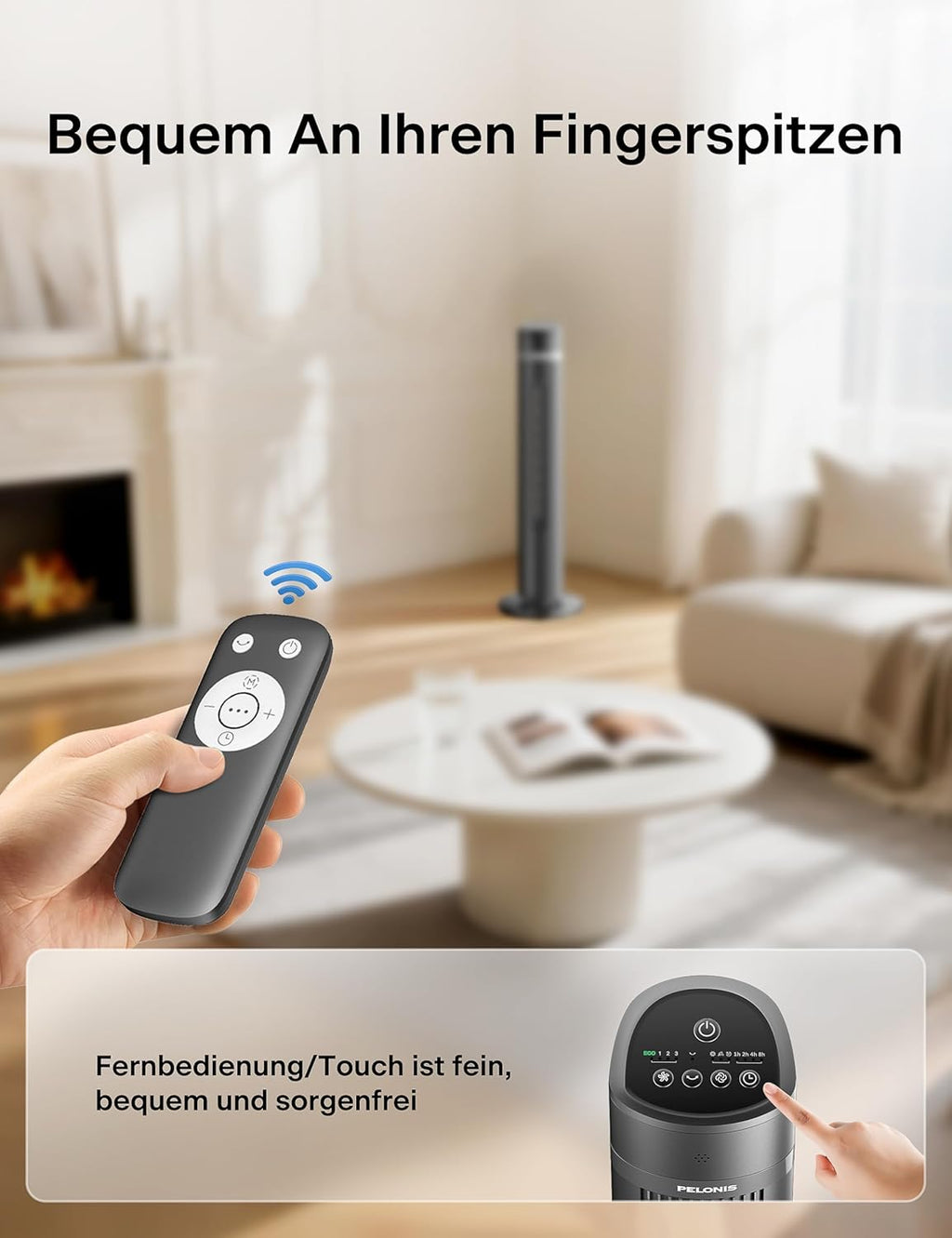 Pelonis PE-FZ10-18TRB-DE Turmventilator 101,6cm – 90° Oszillation, 36dB Nachtmodus, 15h Timer, 4 Stufen, Grau