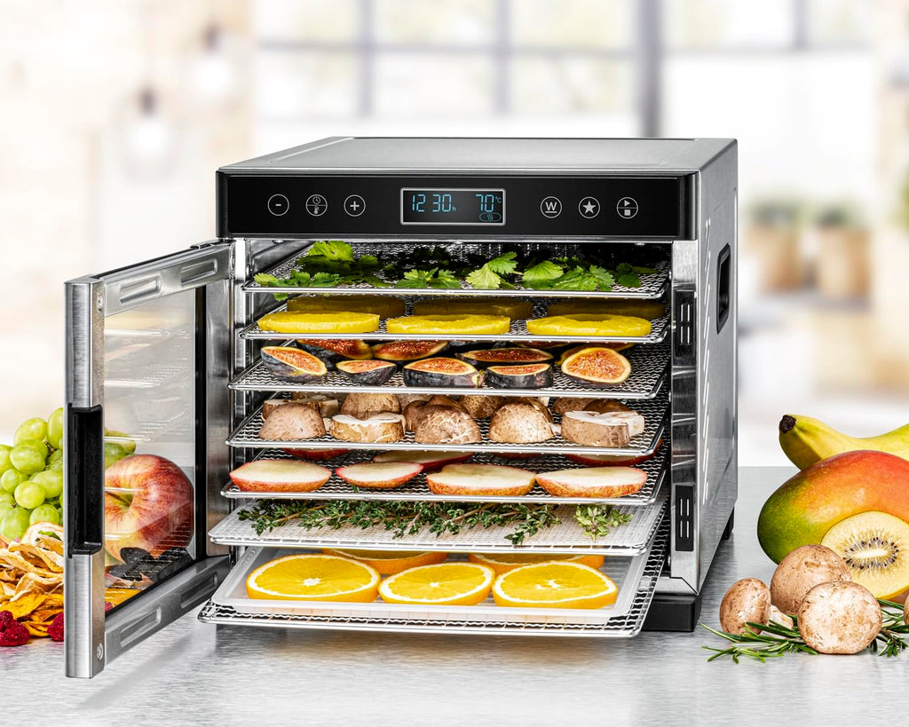 ROMMELSBACHER Dörrautomat DA 1000, XXL-Dörrfläche 1,6 m², inkl. 10 Edelstahl-Dörrtabletts, 2 Dörrgitter, 2 Dörrmatten, LED-Display, 24 Std. Zeitschaltuhr, Temperatur einstellbar (35 °C – 75 °C)o