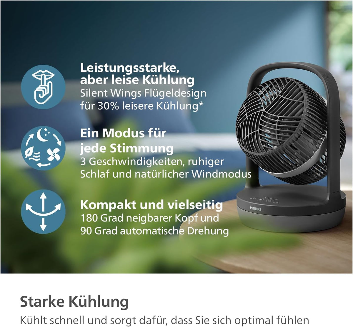 Philips CX3050/01 SilentWings Tischventilator – 23dB, 738m³/h, 90° Oszillation, 180° Neigung, 3 Stufen, Schwarz