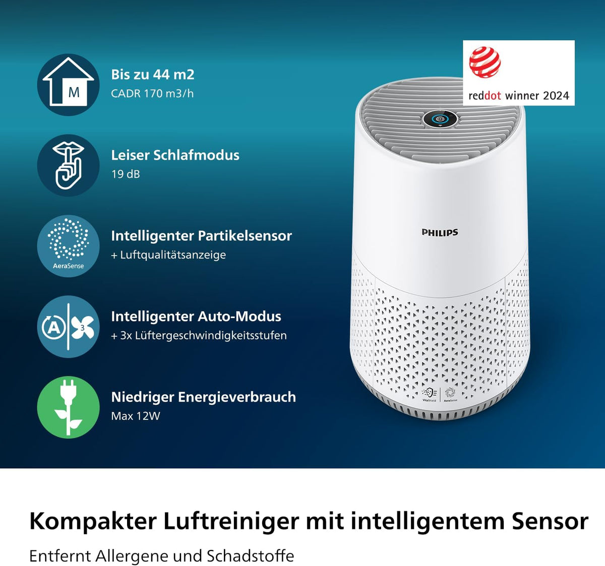 Philips AC0651/10 Luftreiniger 44m² – NanoProtect HEPA, AeraSense, 19dB, 12W, CADR 170m³/h, Air+ App, Weiß