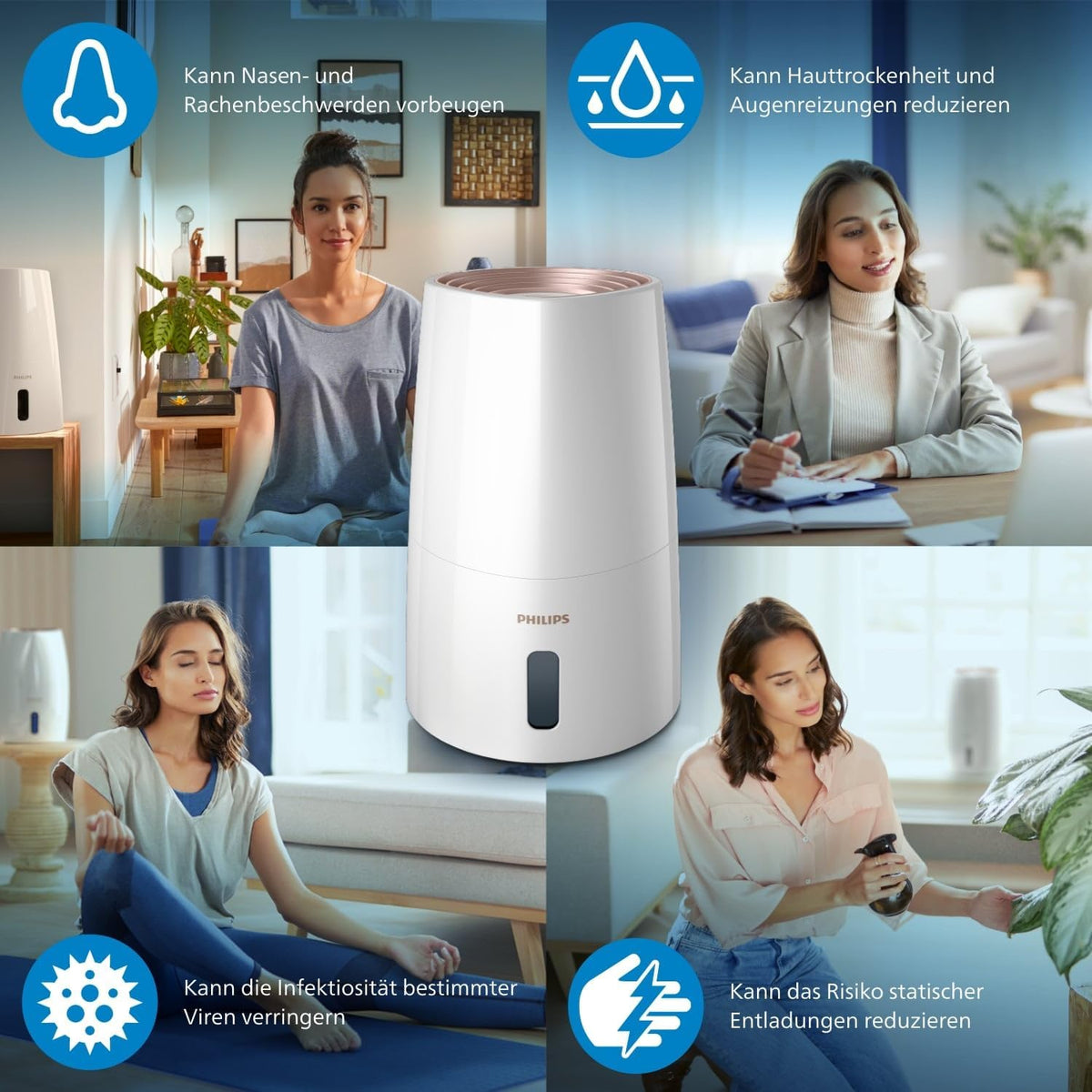 Philips HU3916/10 3000 Series Luftbefeuchter 3L – 99% bakterienreduziert, 45m², 360°, 20h, 9h Timer, Weiß