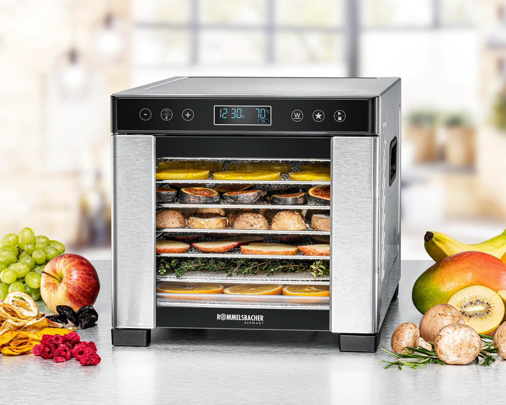 ROMMELSBACHER Dörrautomat DA 1000, XXL-Dörrfläche 1,6 m², inkl. 10 Edelstahl-Dörrtabletts, 2 Dörrgitter, 2 Dörrmatten, LED-Display, 24 Std. Zeitschaltuhr, Temperatur einstellbar (35 °C – 75 °C)o