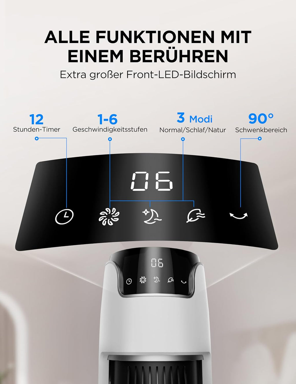 Midea FZ10-16AR Turmventilator 111cm – 6 Stufen, 3 Modi, 32dB, 60° Oszillation, 12h Timer, Weiß