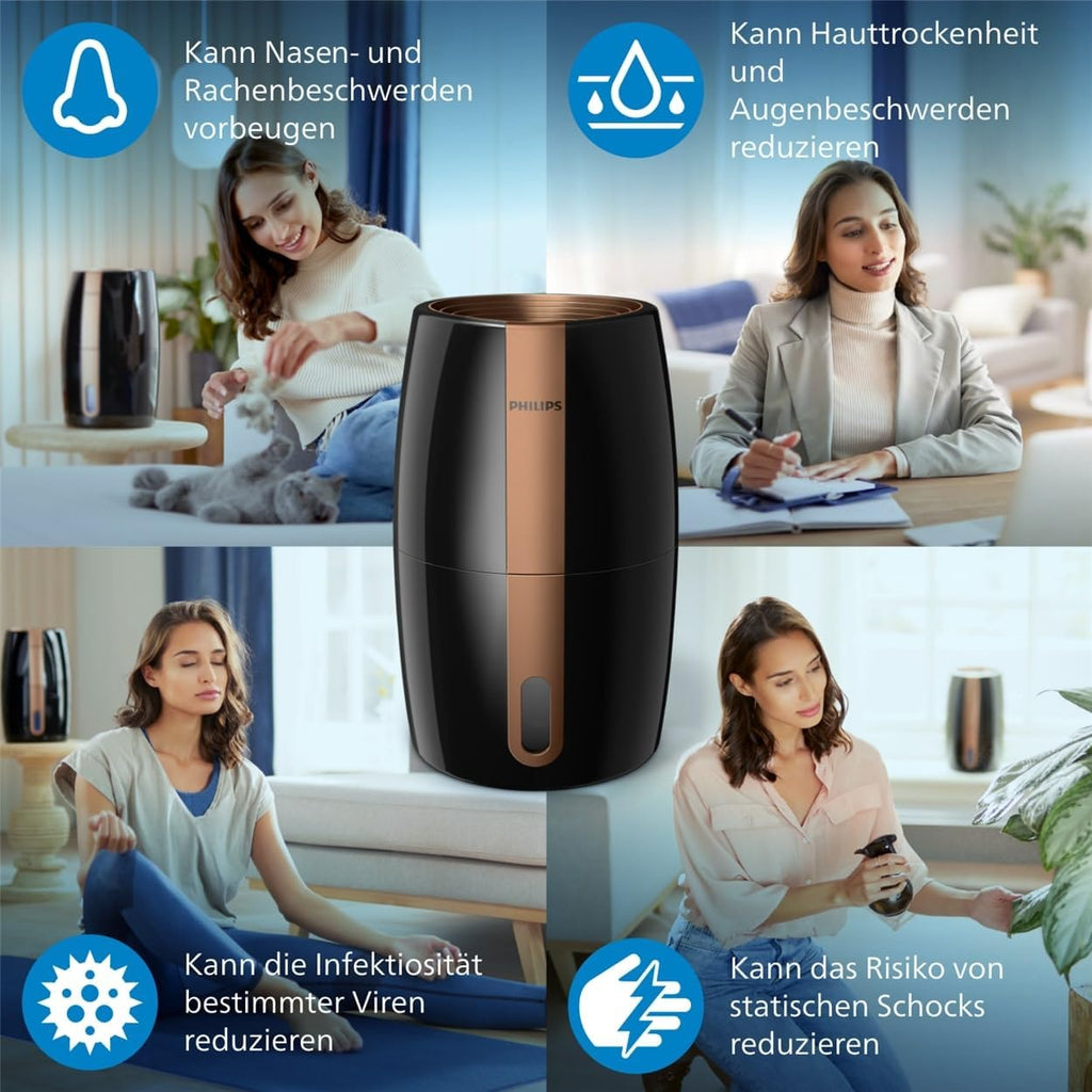 Philips HU2718/10 2000 Series Luftbefeuchter 2L – NanoCloud, 200ml/h, 32m², 3 Stufen, 15h, Schwarz/Kupfer