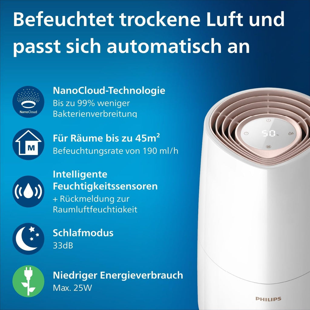 Philips HU3916/10 3000 Series Luftbefeuchter 3L – 99% bakterienreduziert, 45m², 360°, 20h, 9h Timer, Weiß