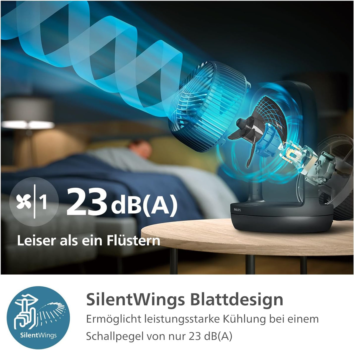 Philips CX3050/01 SilentWings Tischventilator – 23dB, 738m³/h, 90° Oszillation, 180° Neigung, 3 Stufen, Schwarz