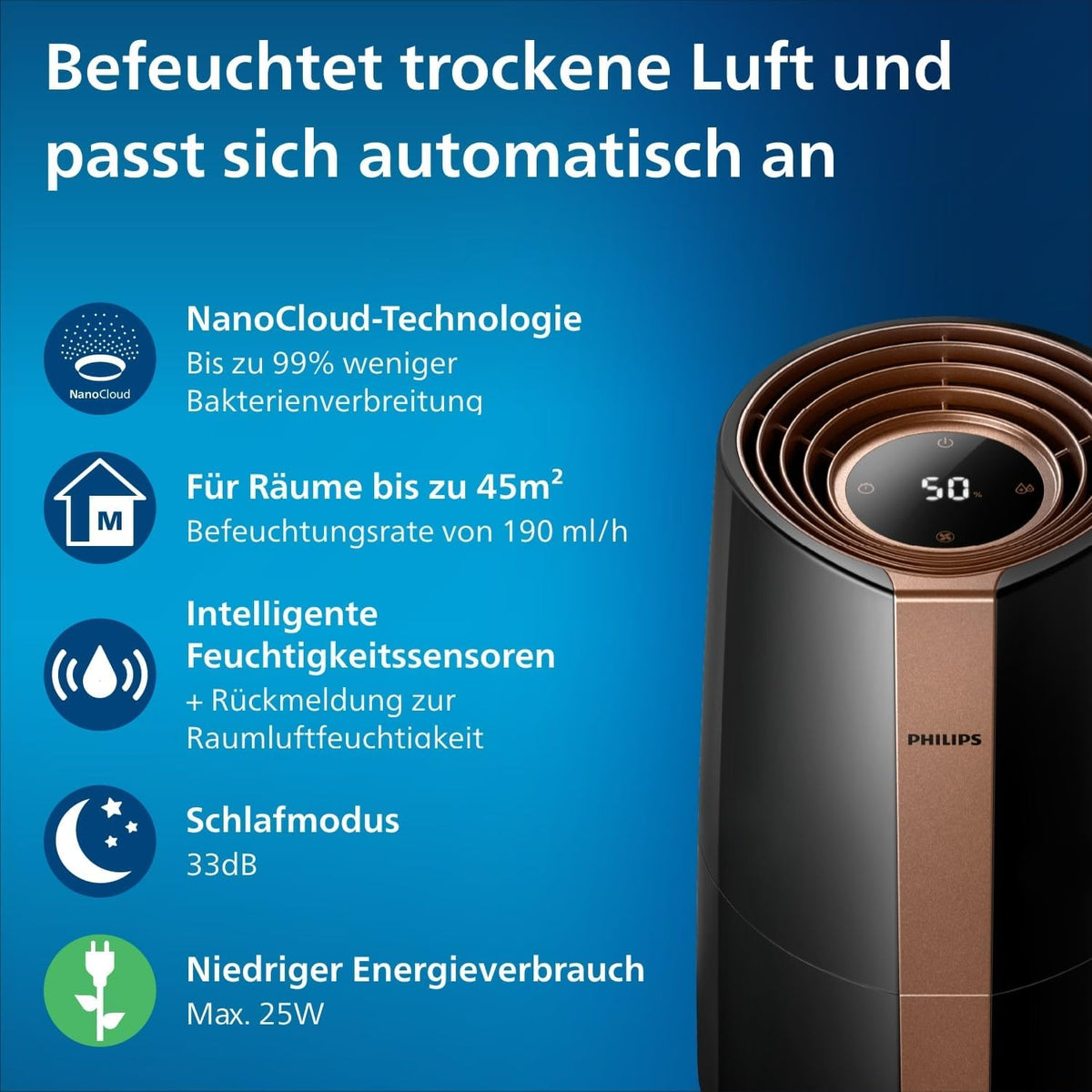 Philips HU3918/10 3000 Series Luftbefeuchter 3L – 99% bakterienreduziert, 45m², 360°, 9h Timer, Schwarz
