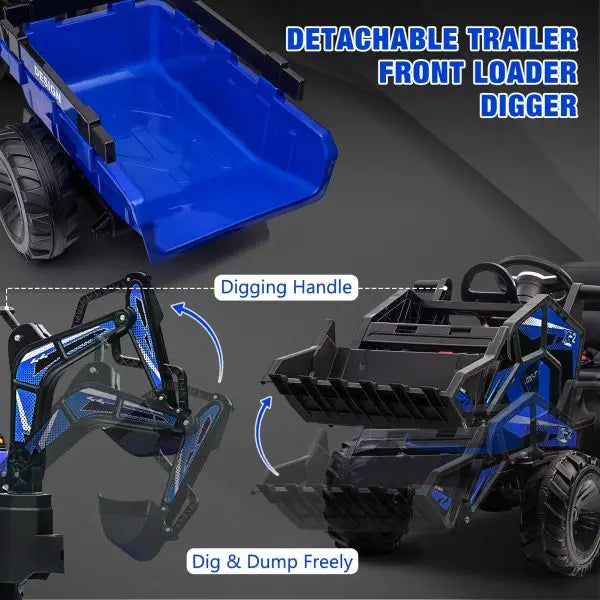 24V 3-in-1 Ride-On Tractor – Excavator & Bulldozer Functions, Remote Control, LED Lights, Bluetooth Audio (Blue)