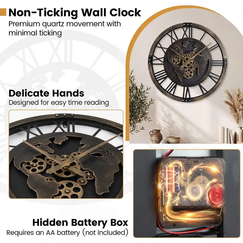 27-Inch Gear-Driven World Map Wall Clock – Silent, Decorative Metal Design with Rotating Gears