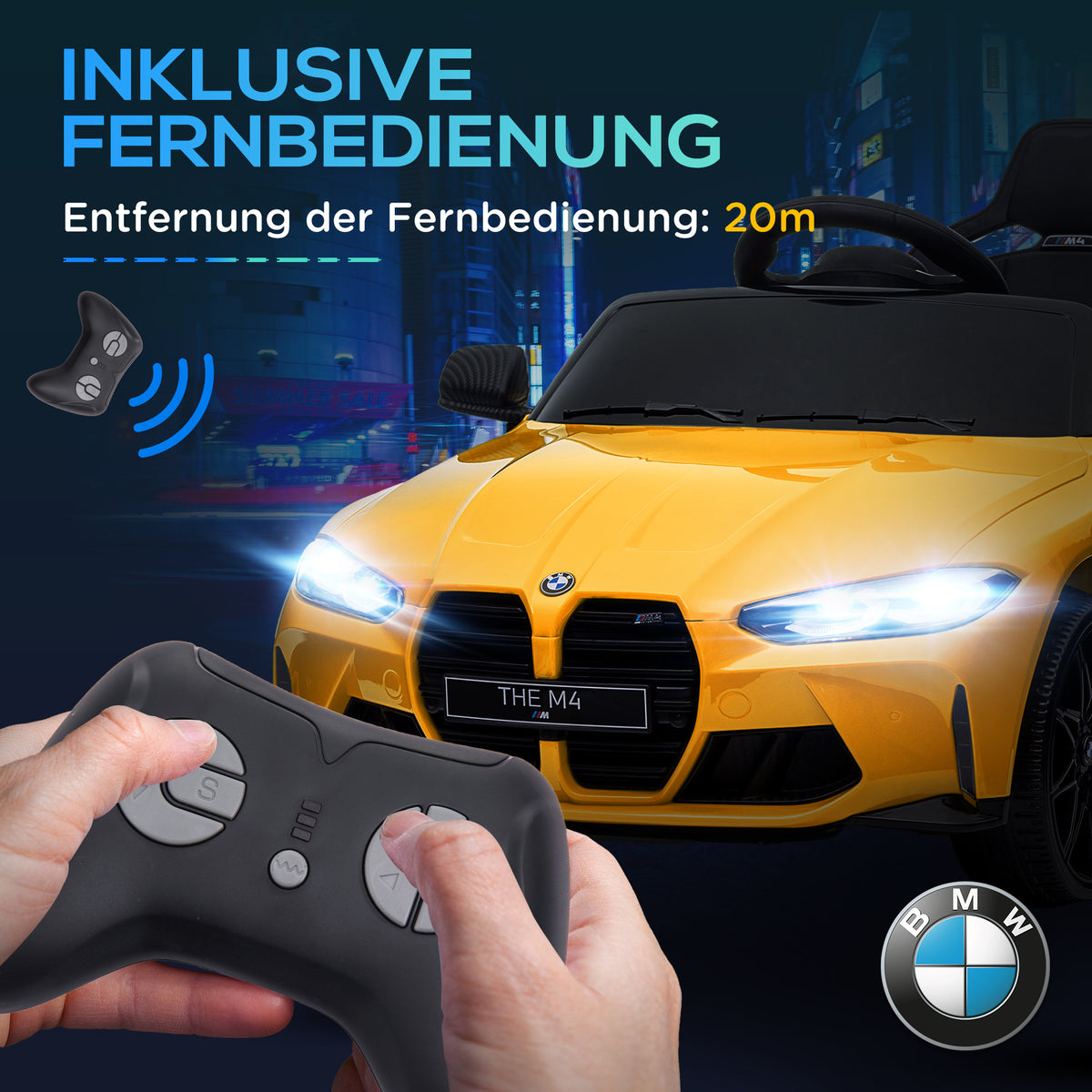 AIYAPLAY Elektro Kinderauto BMW M4, Sound & Licht, 3-5 km/h, inkl. Fernsteuerung, für 3-5 Jahre, Gelb