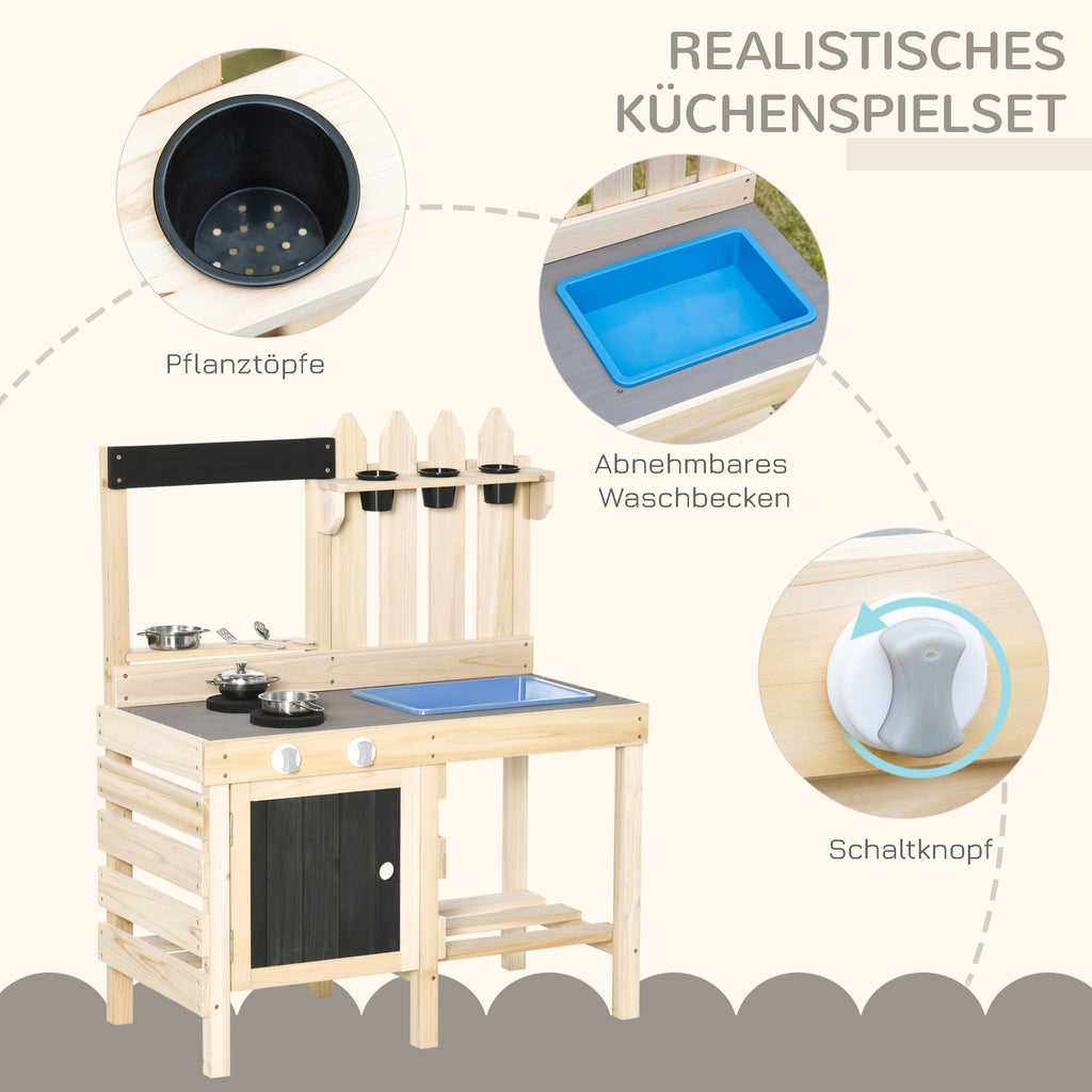 Outsunny Matschküche Outdoor Sandspieleset aus Holz Gartenküche Spieltisch Sand mit Pflanztöpfe Edelstahl Zubehör Spielzeugset Spielzeugküche für 3-7 Jahre 81,5 x 46 x 102,5 cm