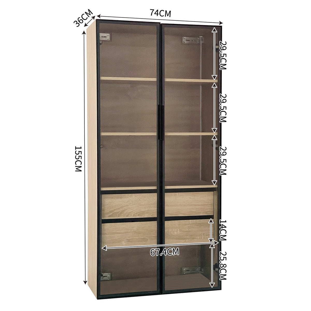 Badezimmerschrank 74x36x155 cm MDF mit LED-Beleuchtung, 2 Schubladen, 2 Türen, Milchglas, Schwarz