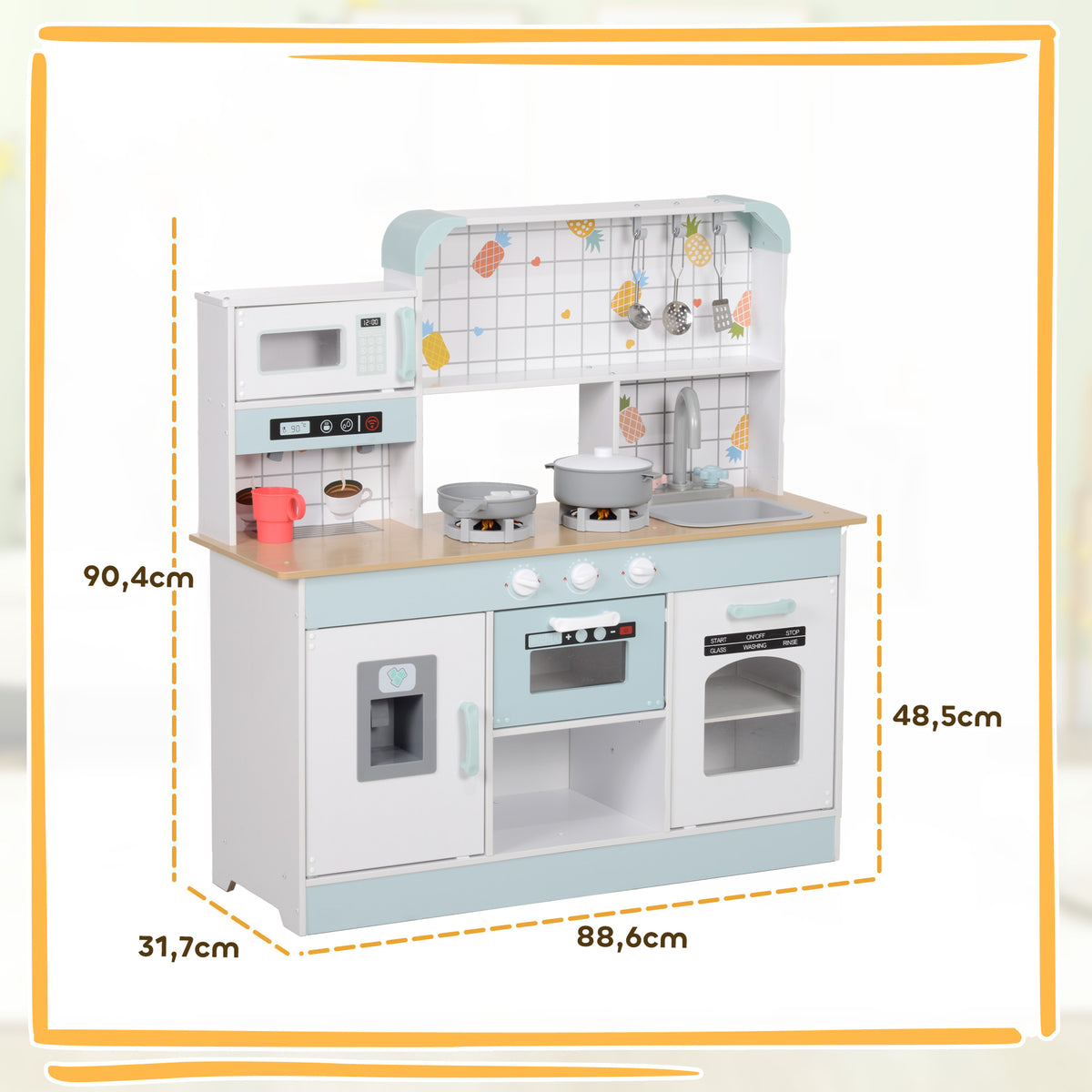 AIYAPLAY Spielküchen-Set, Kinderküche mit Effekten, Kaffeemaschine, Ofen, viel Stauraum, MDF, Edelstahl, für Kinder ab 3 Jahren