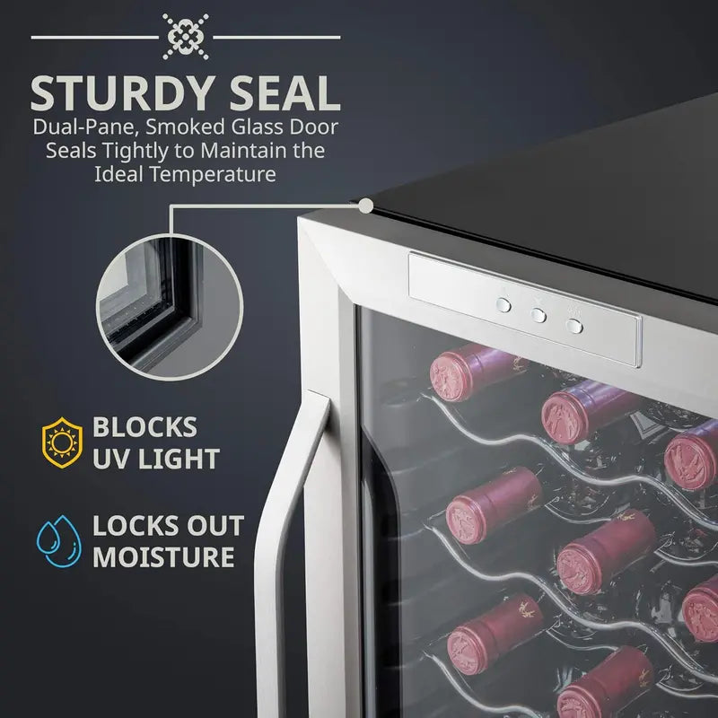 18-Bottle Freestanding Wine Cooler with Lockable Glass Door — Adjustable Digital Thermostat (41°F–64°F) for Red, White, and Sparkling Wines