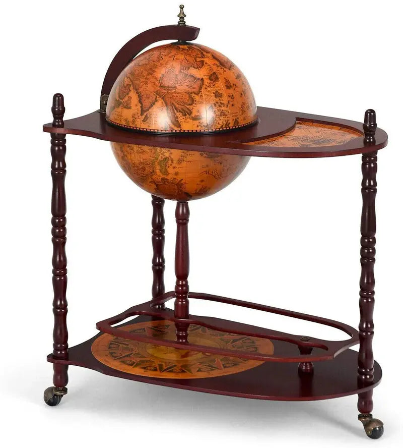 16th-Century Italian-Style Wine Bar Stand – 34-Inch Wood Globe Rack with Expanded Bottle Shelf