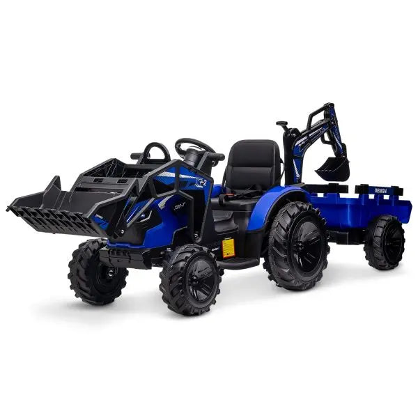 24V 3-in-1 Ride-On Tractor – Excavator & Bulldozer Functions, Remote Control, LED Lights, Bluetooth Audio (Blue)