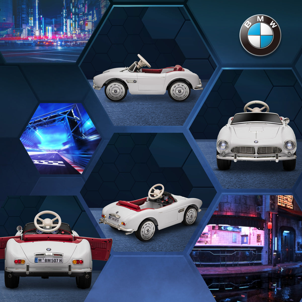 HOMCOM Elektroauto für Kinder Lizenz BMW 507 Retro-Vintage-Stil 12V max. 5 km/h Fernbedienung Weiß