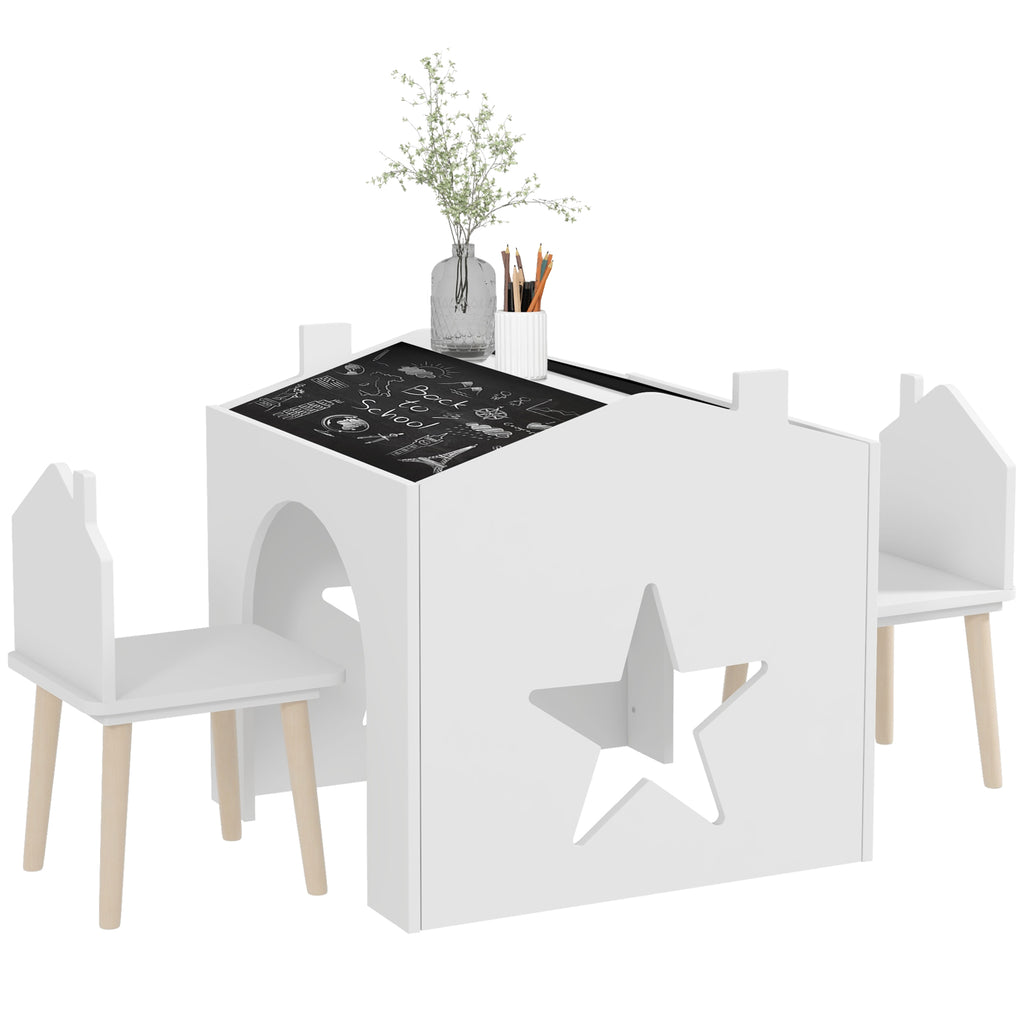 AIYAPLAY Set 1 Tisch und 2 Stuhl 3-teilig für Kinder, Schiefertafel, MDF und Kieferbeine, für 3-8 Jahre, Weiß