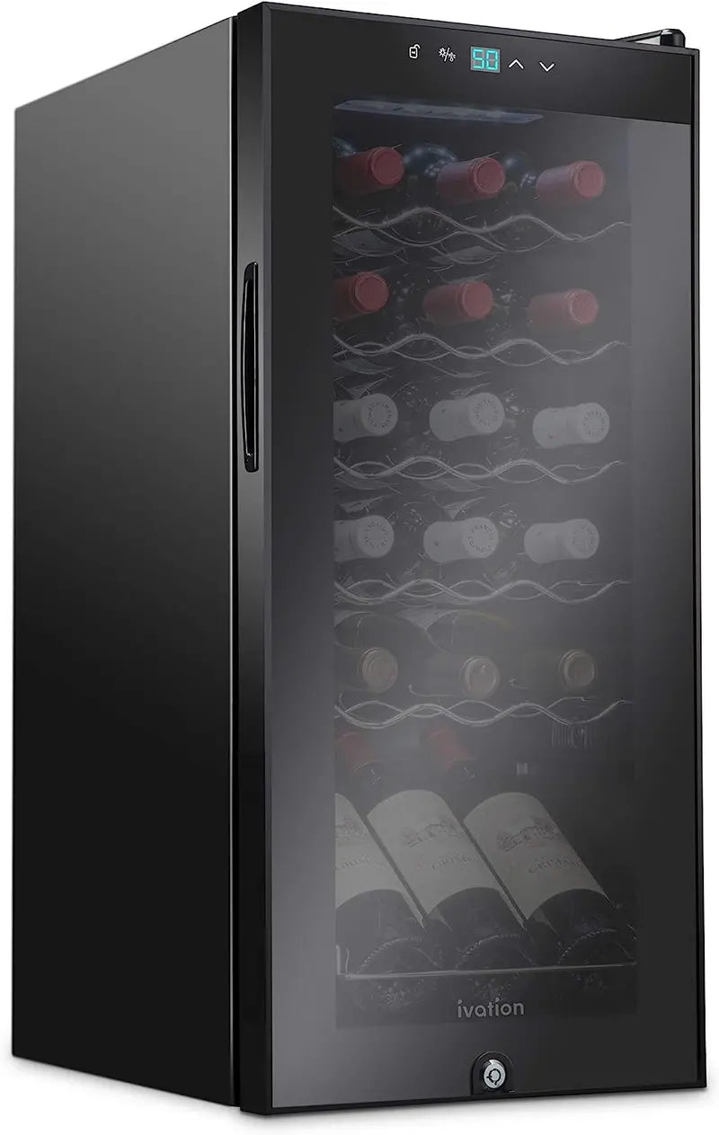 18-Bottle Freestanding Wine Cooler with Lockable Glass Door — Adjustable Digital Thermostat (41°F–64°F) for Red, White, and Sparkling Wines