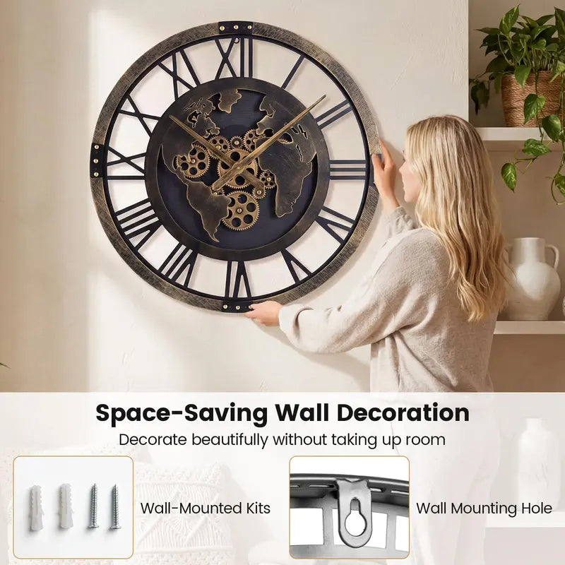27-Inch Gear-Driven World Map Wall Clock – Silent, Decorative Metal Design with Rotating Gears